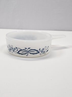 Vintage Glasbake Blue Onion Milk Glass Soup Chili Bowl Single Handle J-2639